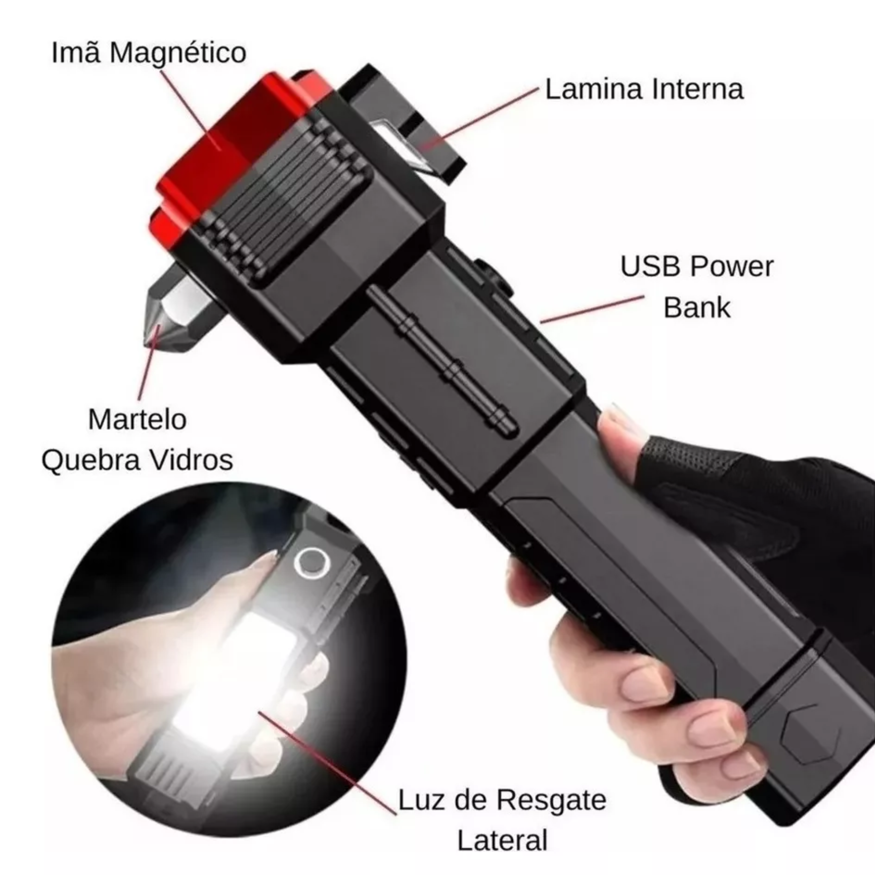 2 Martillo Linterna LED Táctica 4 en 1